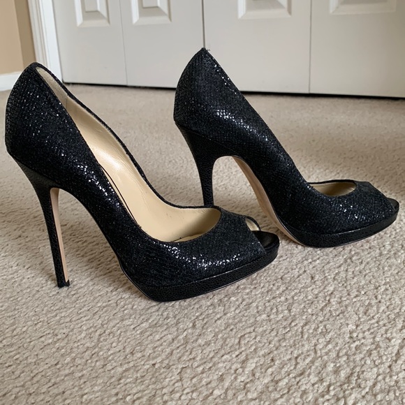 Jimmy Choo Authentic Women’s Black Sparkly “Luna” High Heel Open Toe Pumps - Picture 4 of 10